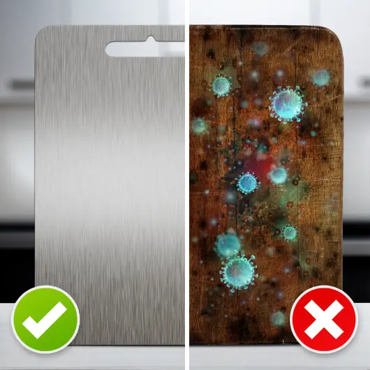 Comparison image between the Tivano cutting board and a traditional wood cutting board, showing the difference in hygiene and bacterial buildup.